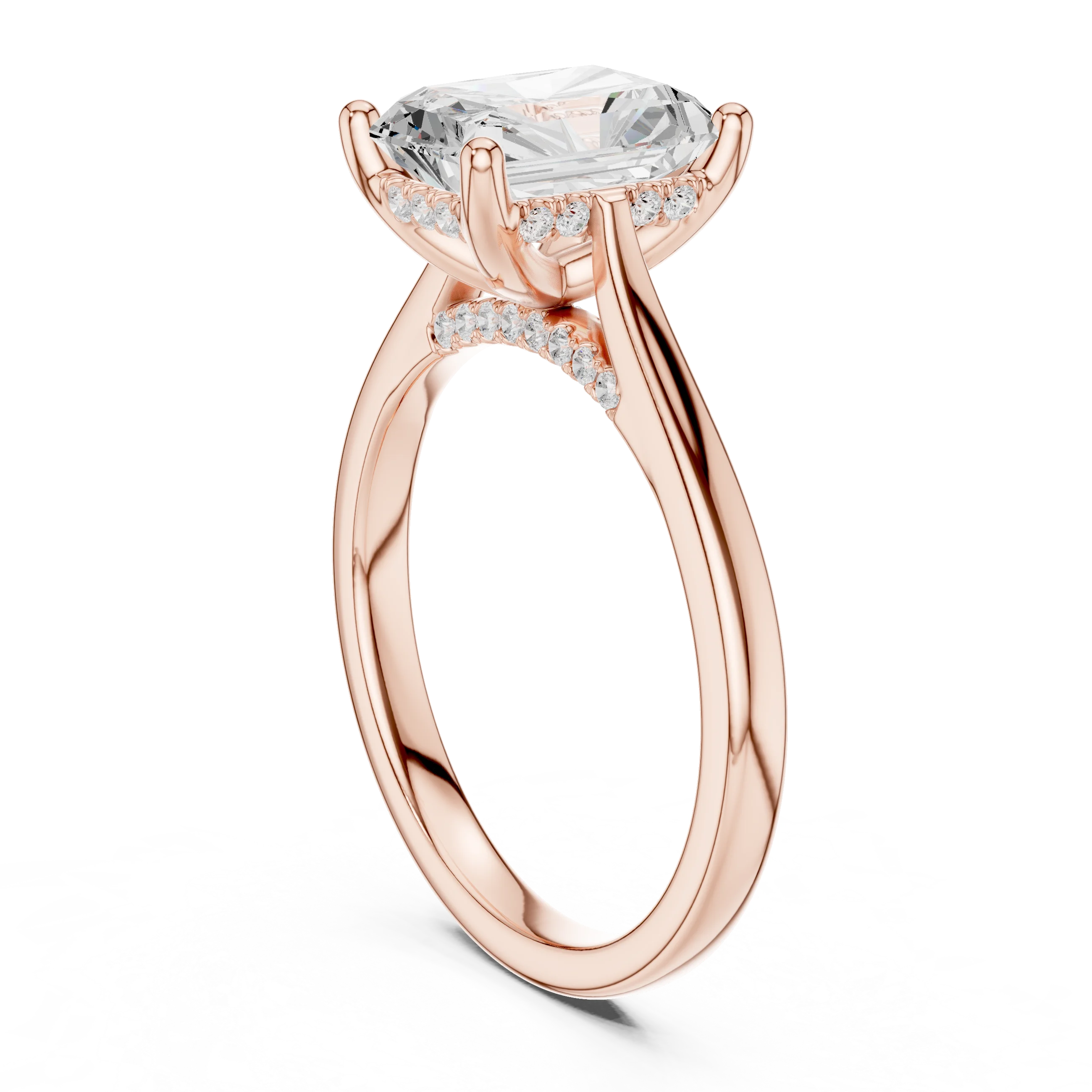 Back view of rose gold radiant solitaire ring with plain domed band and lab-grown diamond – Australia