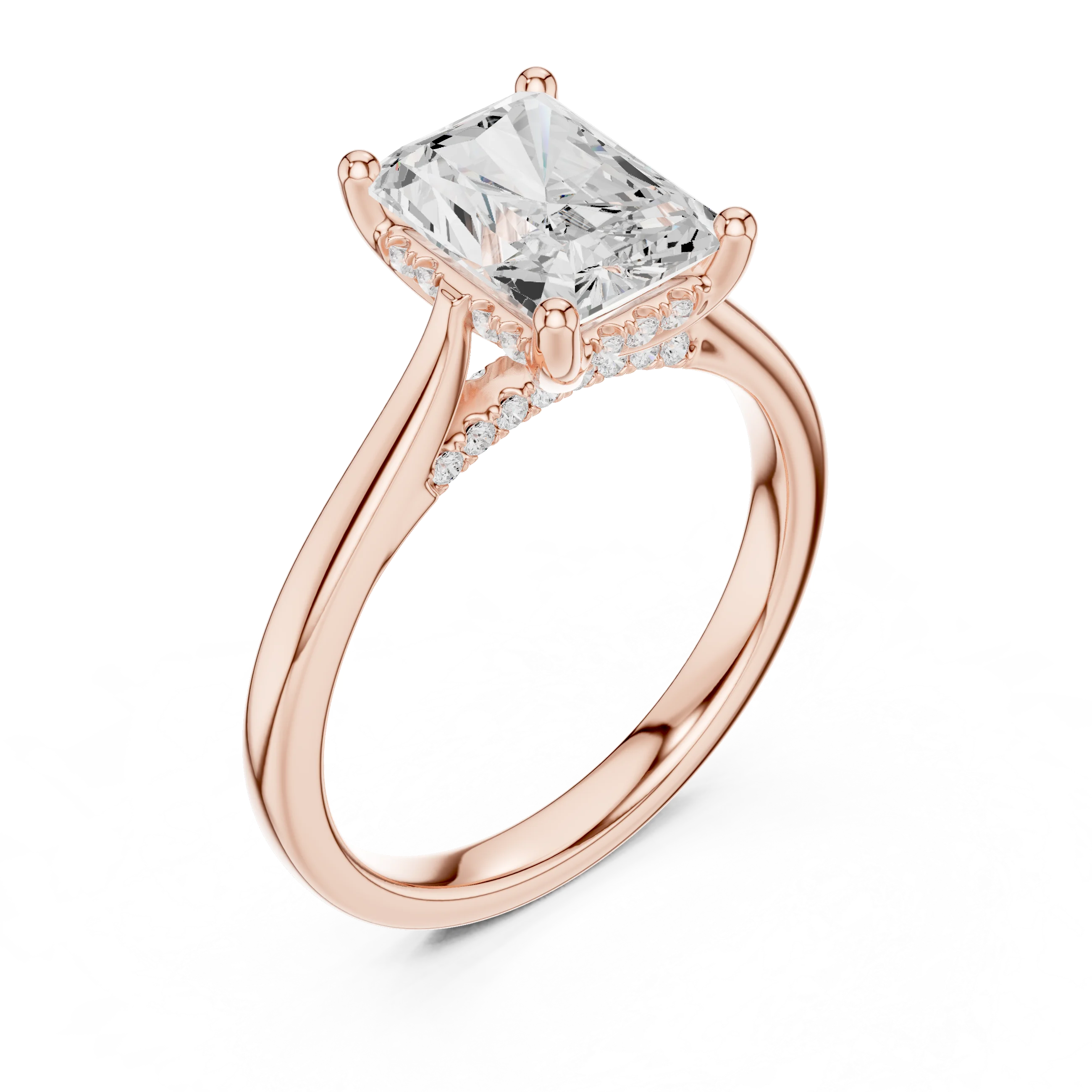 Front view of rose gold radiant solitaire ring with plain domed band and lab-grown diamond – Australia