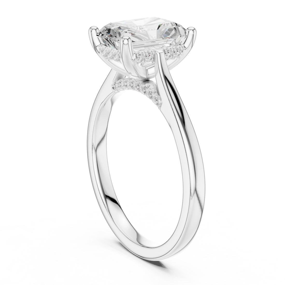 Back view of white gold radiant solitaire ring with plain domed band and lab-grown diamond – Australia