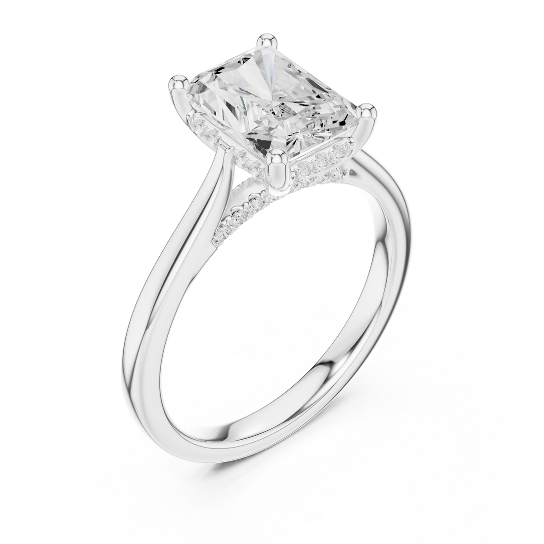Front view of white gold radiant solitaire ring with plain domed band and lab-grown diamond – Australia