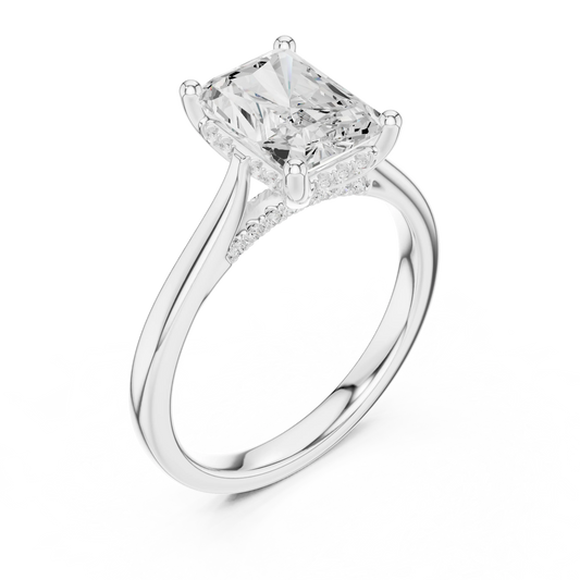 Front view of white gold radiant solitaire ring with plain domed band and lab-grown diamond – Australia