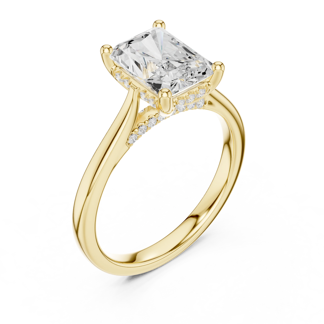 Front view of yellow gold radiant solitaire ring with plain domed band and lab-grown diamond – Australia