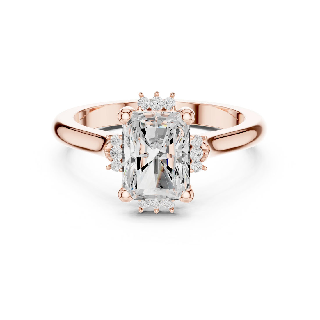Radiant starburst cluster halo ring in rose gold with plain domed band and lab-grown diamond – Australia
