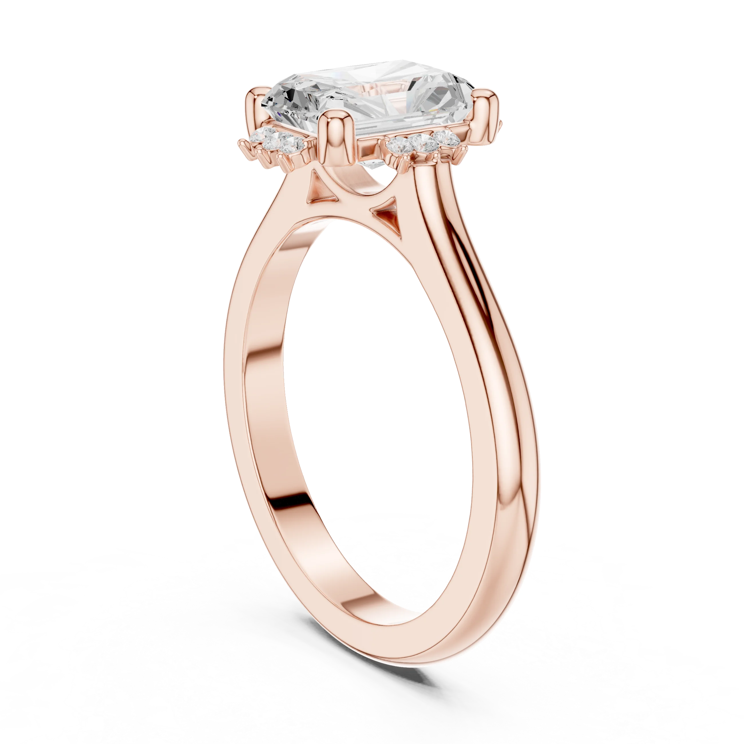 Back view of rose gold radiant starburst cluster halo ring with plain domed band and lab-grown diamond – Australia