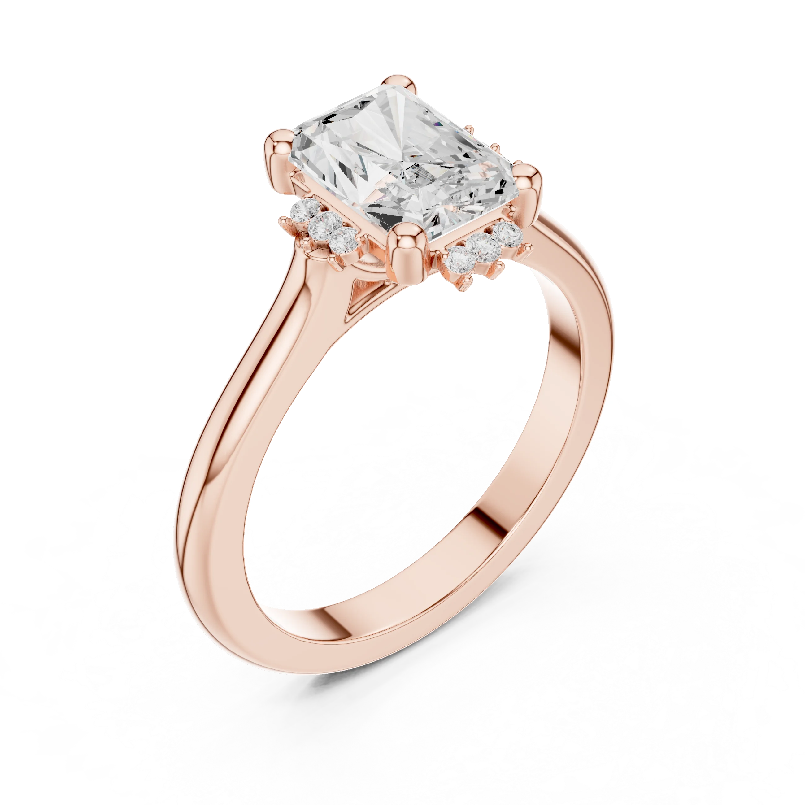 Front view of rose gold radiant starburst cluster halo ring with plain domed band and lab-grown diamond – Australia