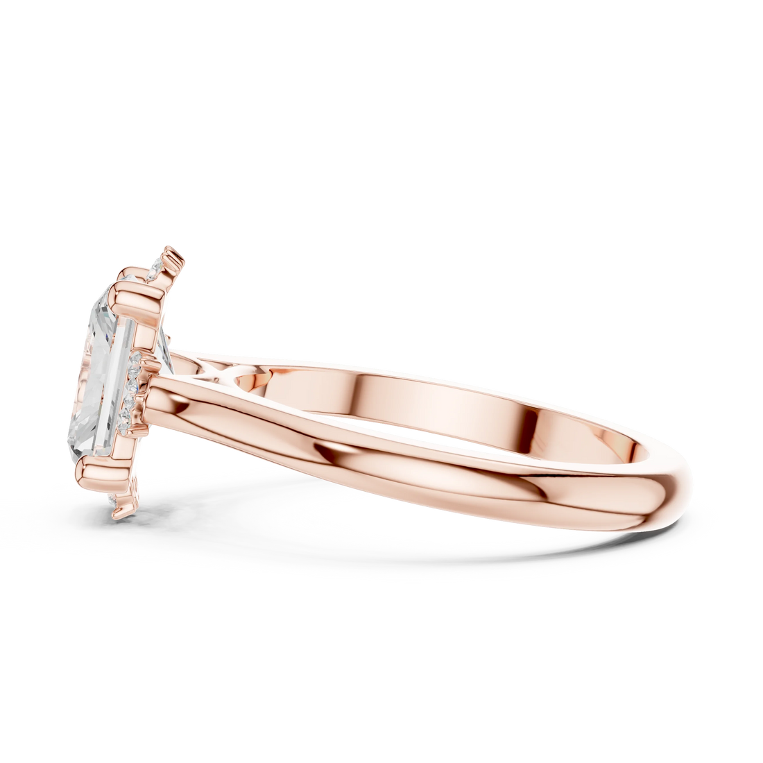 Side view of rose gold radiant starburst cluster halo ring with plain domed band and lab-grown diamond – Australia