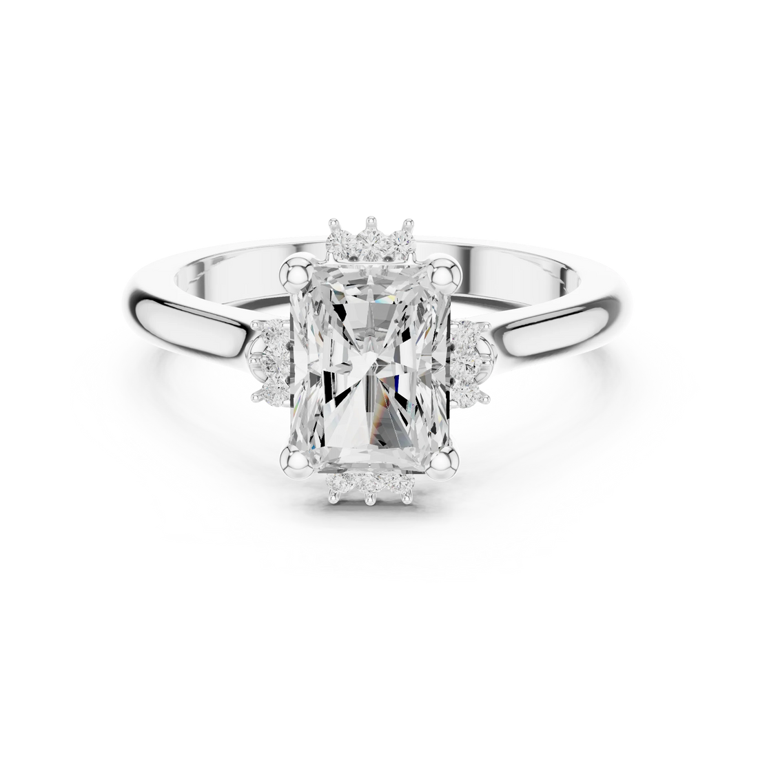 Radiant starburst cluster halo ring in white gold with plain domed band and lab-grown diamond – Australia
