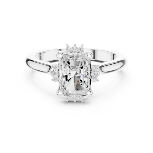 Radiant starburst cluster halo ring in white gold with plain domed band and lab-grown diamond – Australia