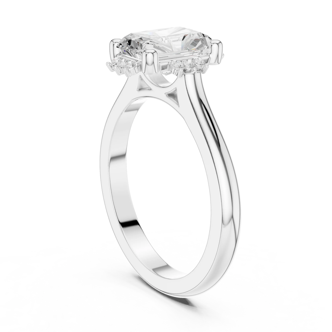 Back view of white gold radiant starburst cluster halo ring with plain domed band and lab-grown diamond – Australia