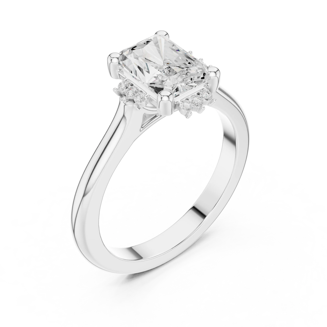 Front view of white gold radiant starburst cluster halo ring with plain domed band and lab-grown diamond – Australia