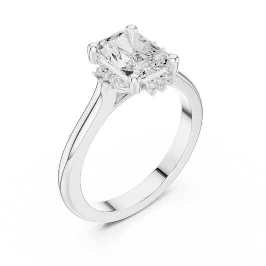 Front view of white gold radiant starburst cluster halo ring with plain domed band and lab-grown diamond – Australia