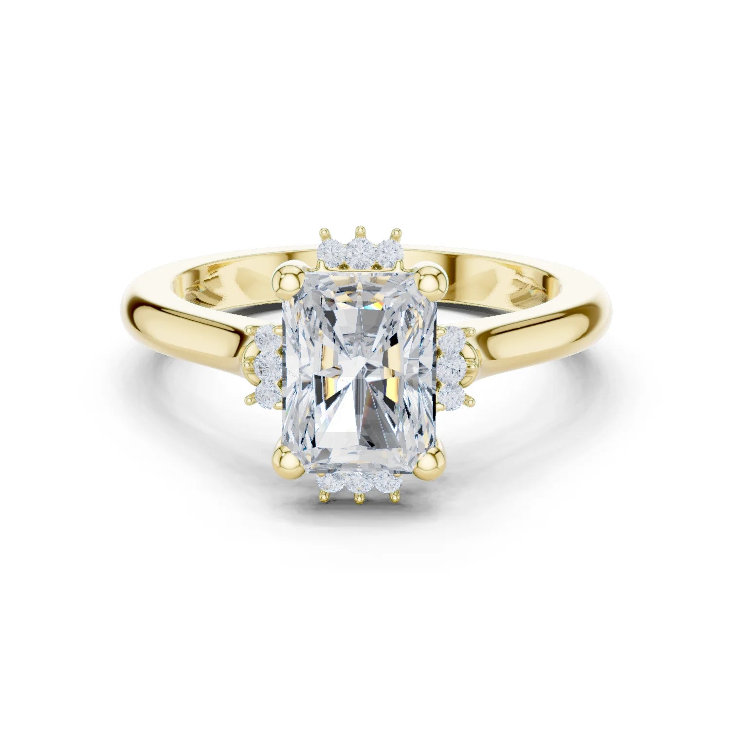 Radiant starburst cluster halo ring in yellow gold with plain domed band and lab-grown diamond – Australia