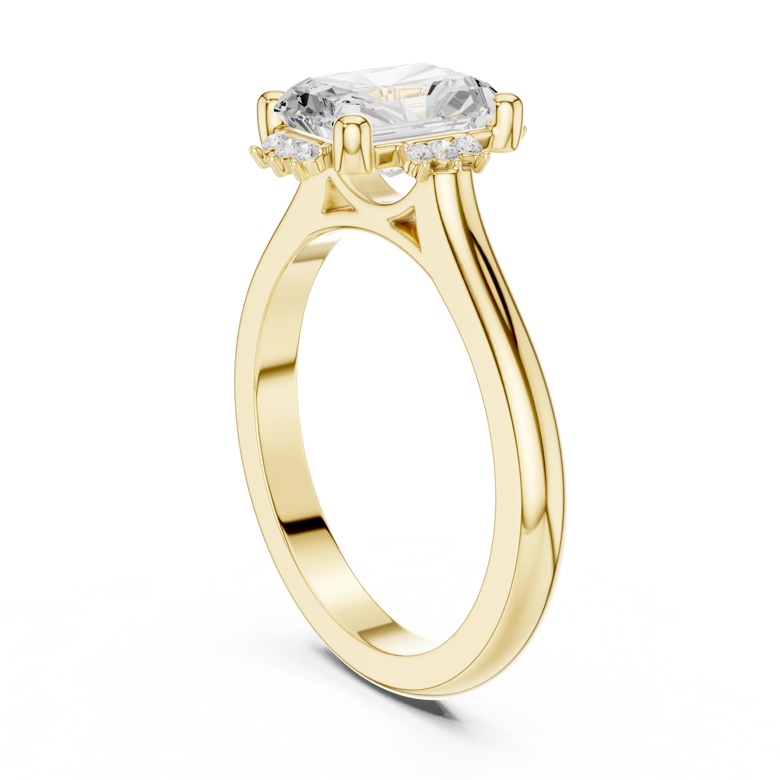 Back view of yellow gold radiant starburst cluster halo ring with plain domed band and lab-grown diamond – Australia