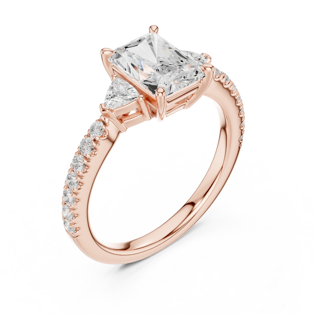 Front view of rose gold radiant three stone diamond ring with half moon side stones and pave band, showcasing gemstone brilliance