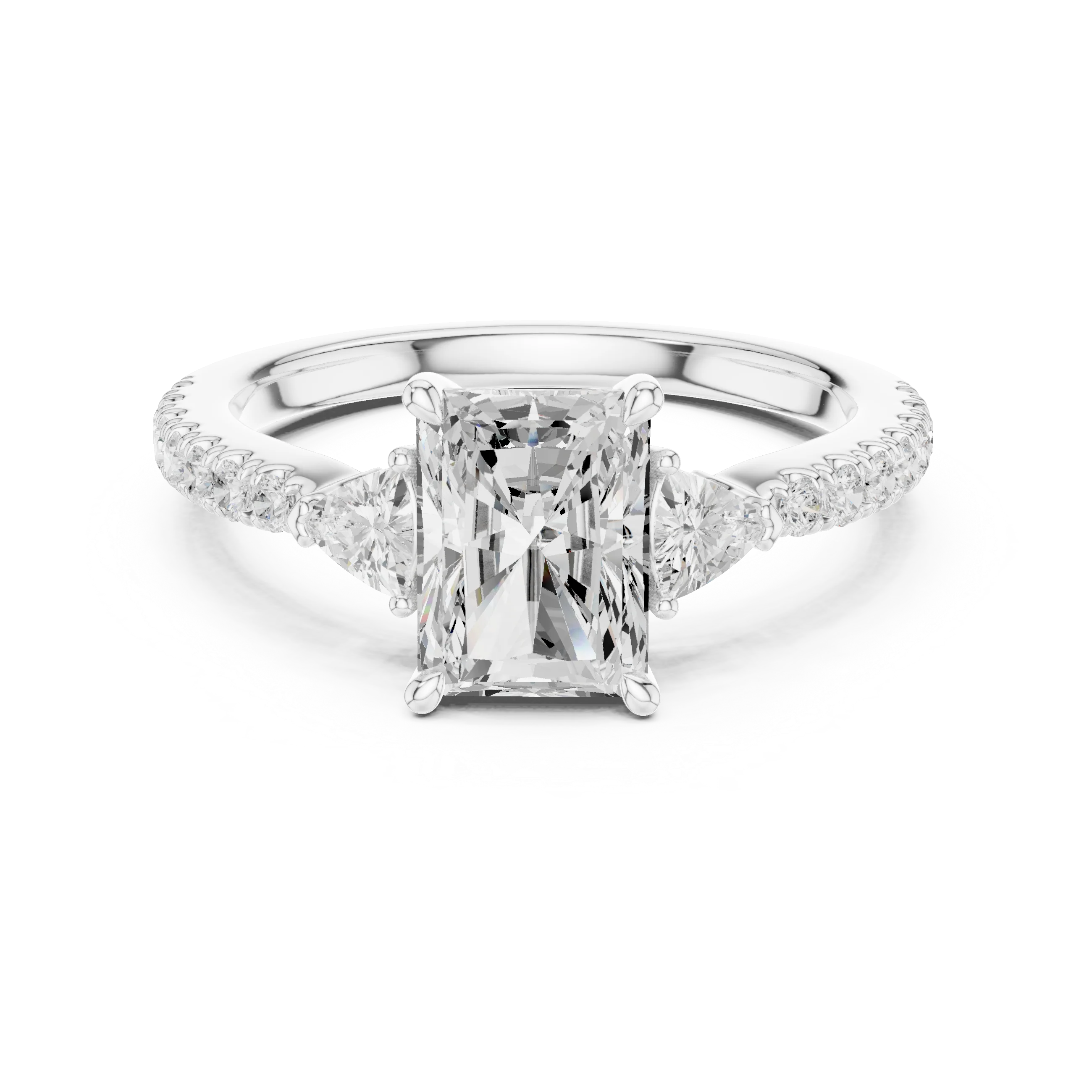 Lab-grown radiant cut three stone diamond ring with half moon side stones and pave band in white gold, top view