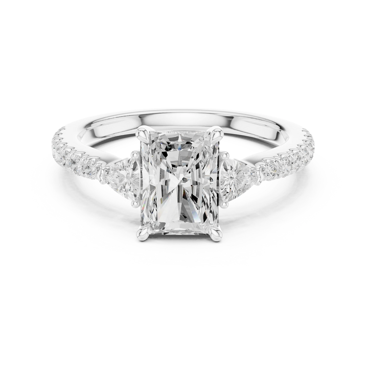 Lab-grown radiant cut three stone diamond ring with half moon side stones and pave band in white gold, top view