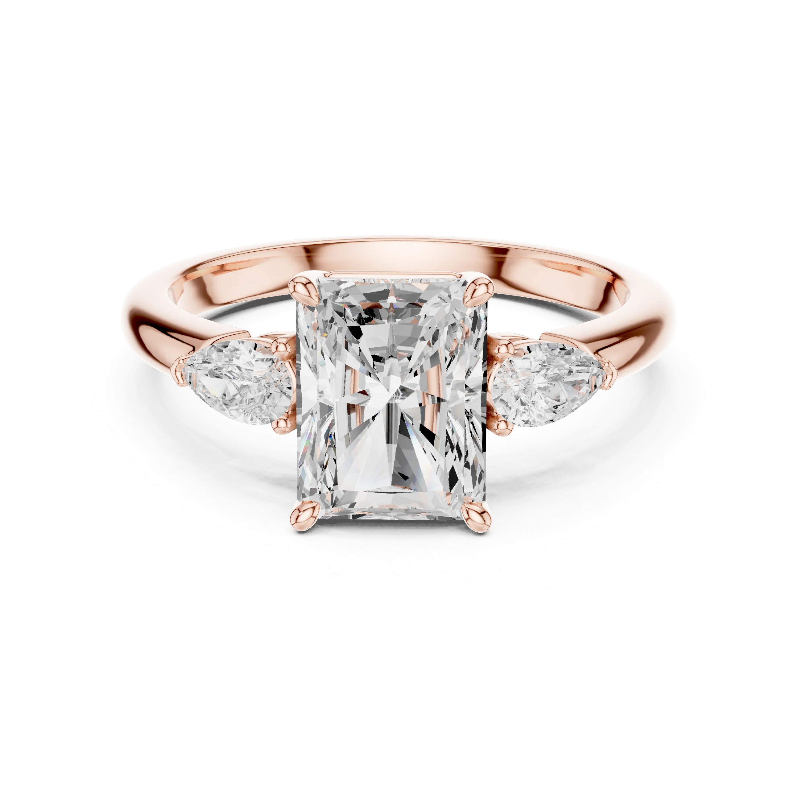 Radiant three-stone ring in rose gold with pear side stones and lab-grown diamond – Australia