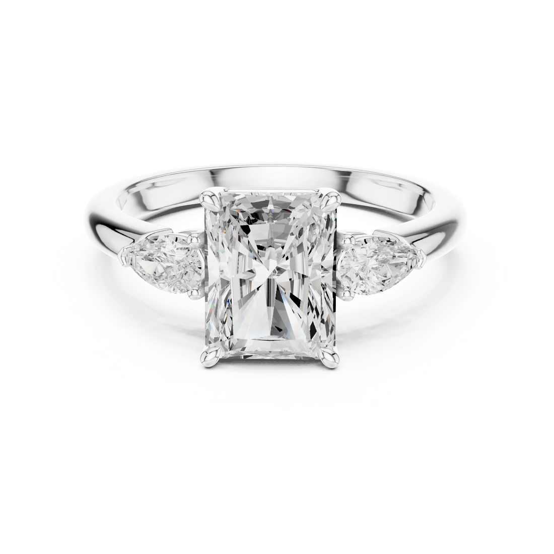 Radiant three-stone ring in white gold with pear side stones and lab-grown diamond – Australia