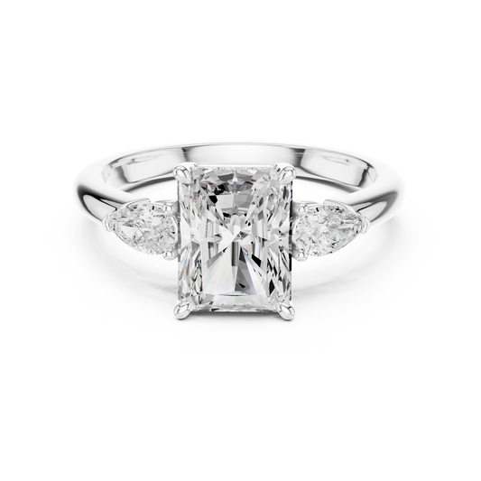 Radiant three-stone ring in white gold with pear side stones and lab-grown diamond – Australia