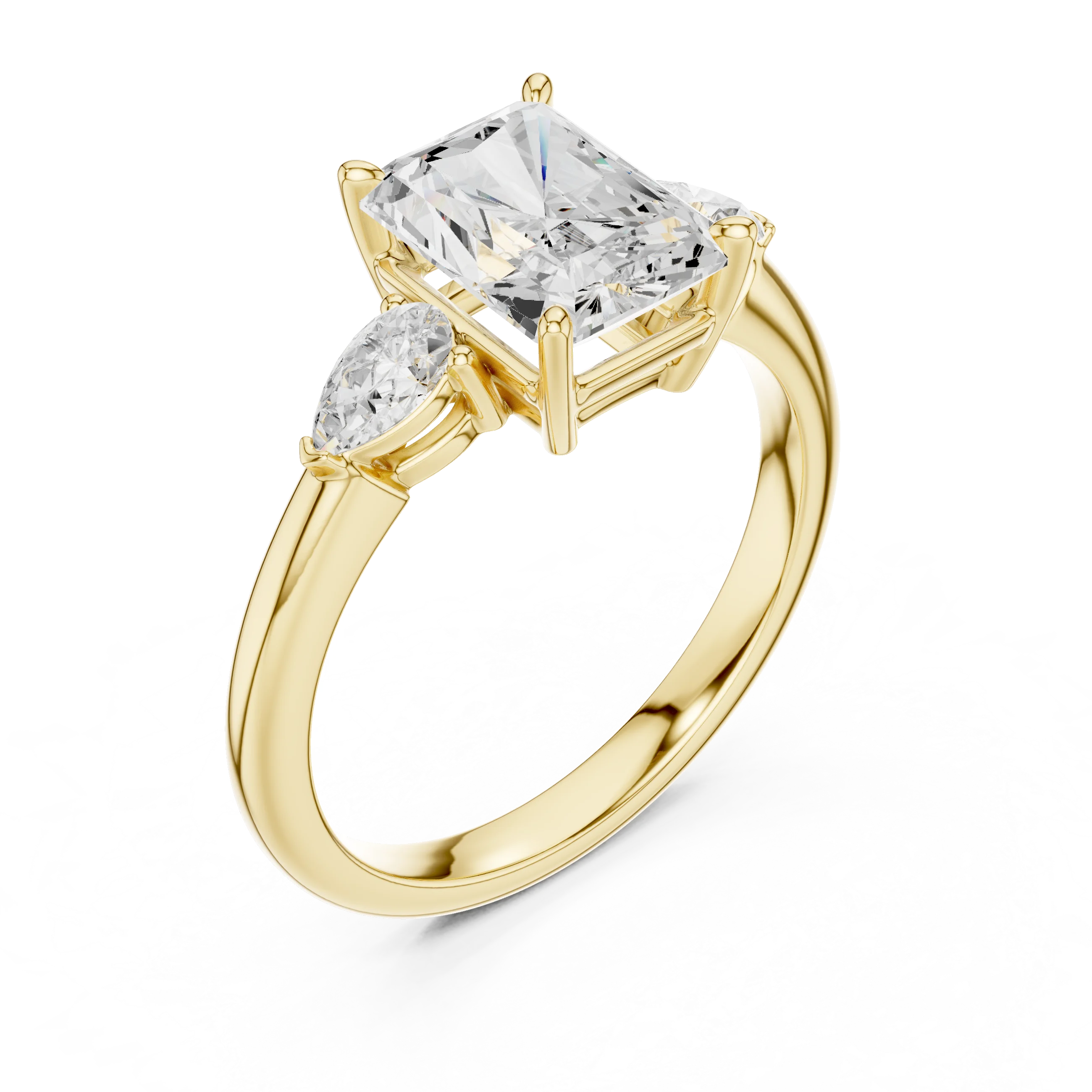 Front view of yellow gold radiant three-stone ring with pear side stones and lab-grown diamond – Australia