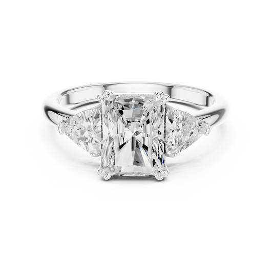 Radiant three-stone ring in white gold with trillion cut side stones and lab-grown diamond – Australia