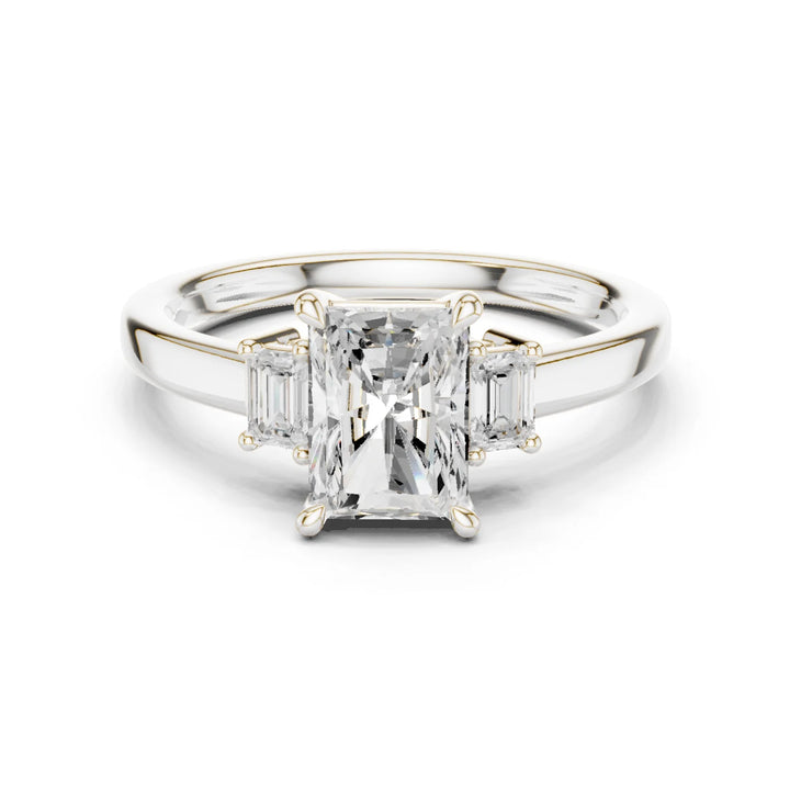 Radiant three stone engagement ring with emerald cut side stones in white gold, lab grown diamond, Australia DFE