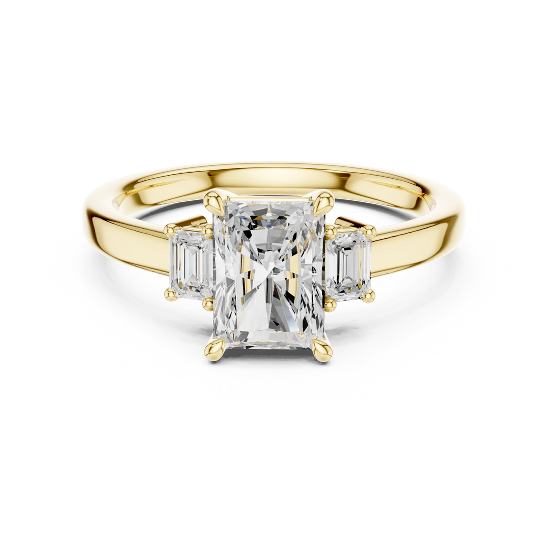 Radiant three stone engagement ring with emerald cut side stones in yellow gold, lab grown diamond, Australia DFE