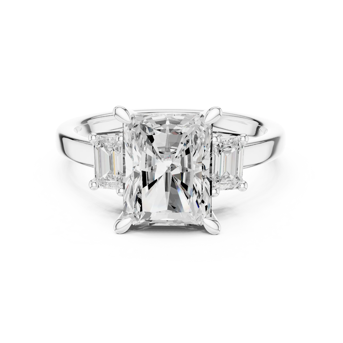 Radiant three stone ring with step cut trapezoid side stones and lab-grown diamonds in white gold, elegant and timeless design, Australia collection
