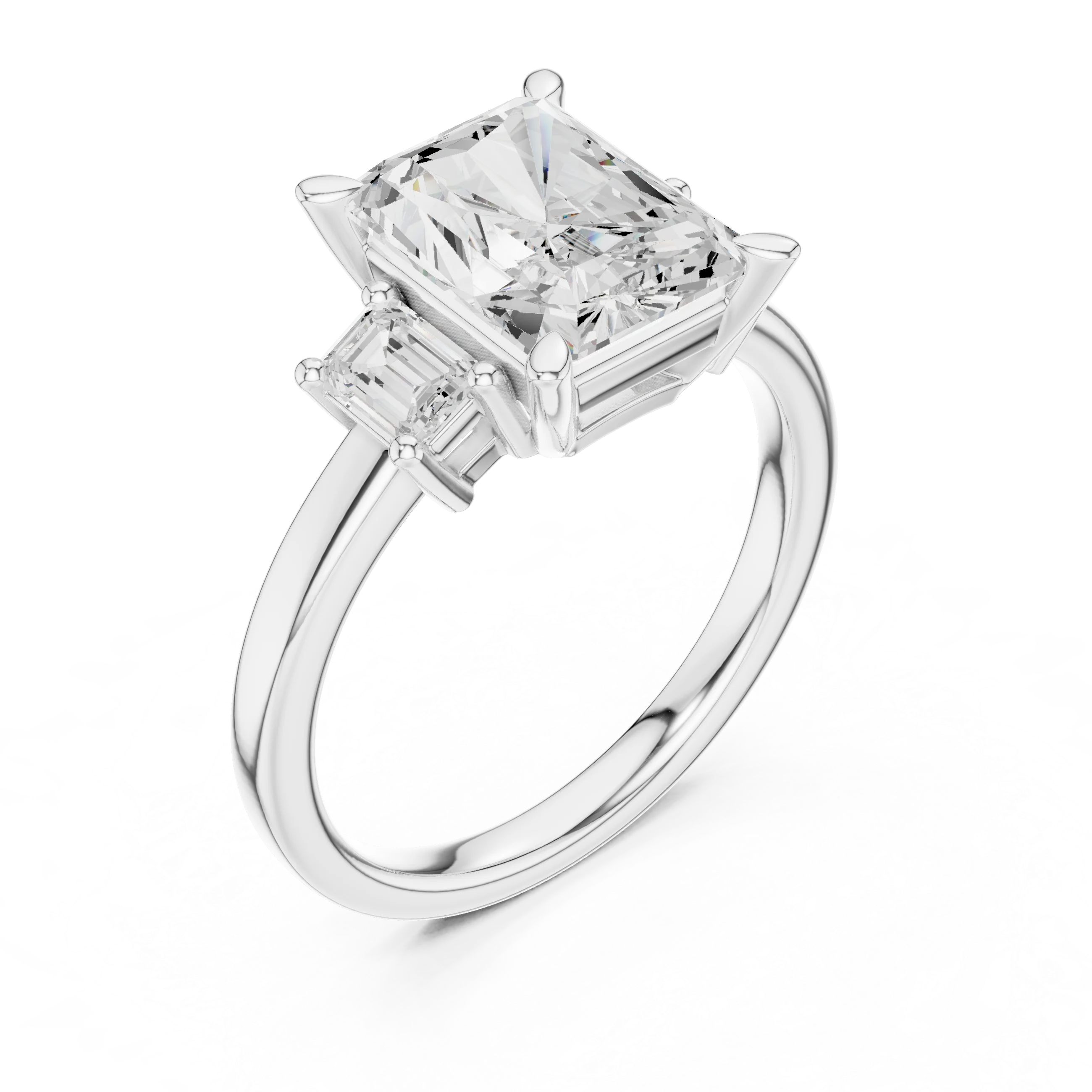 Front view of white gold radiant three stone ring with step cut trapezoid side stones and lab-grown diamonds