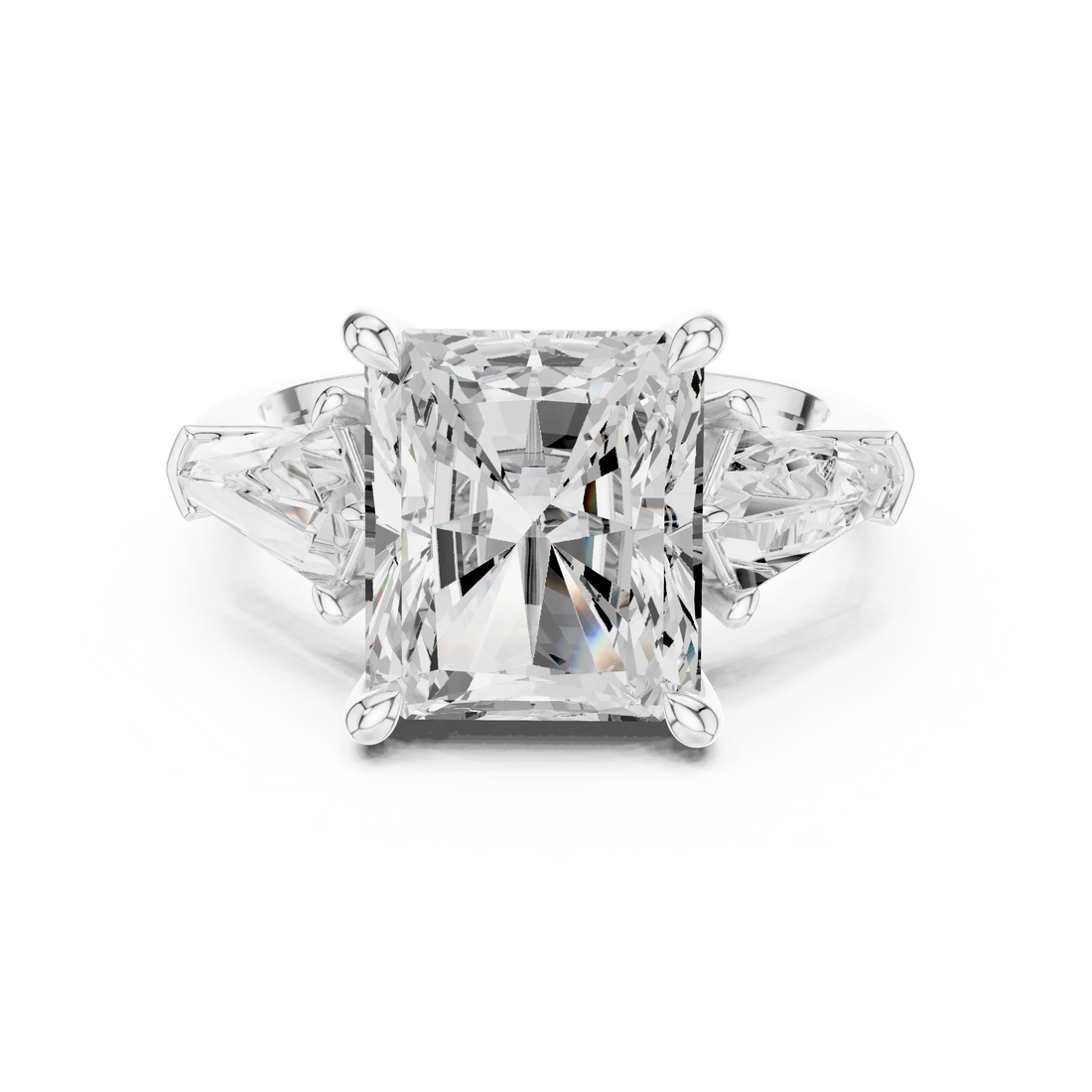 Radiant three stone ring with trillion side stones and lab-grown diamonds in white gold, elegant and timeless design, Australia collection