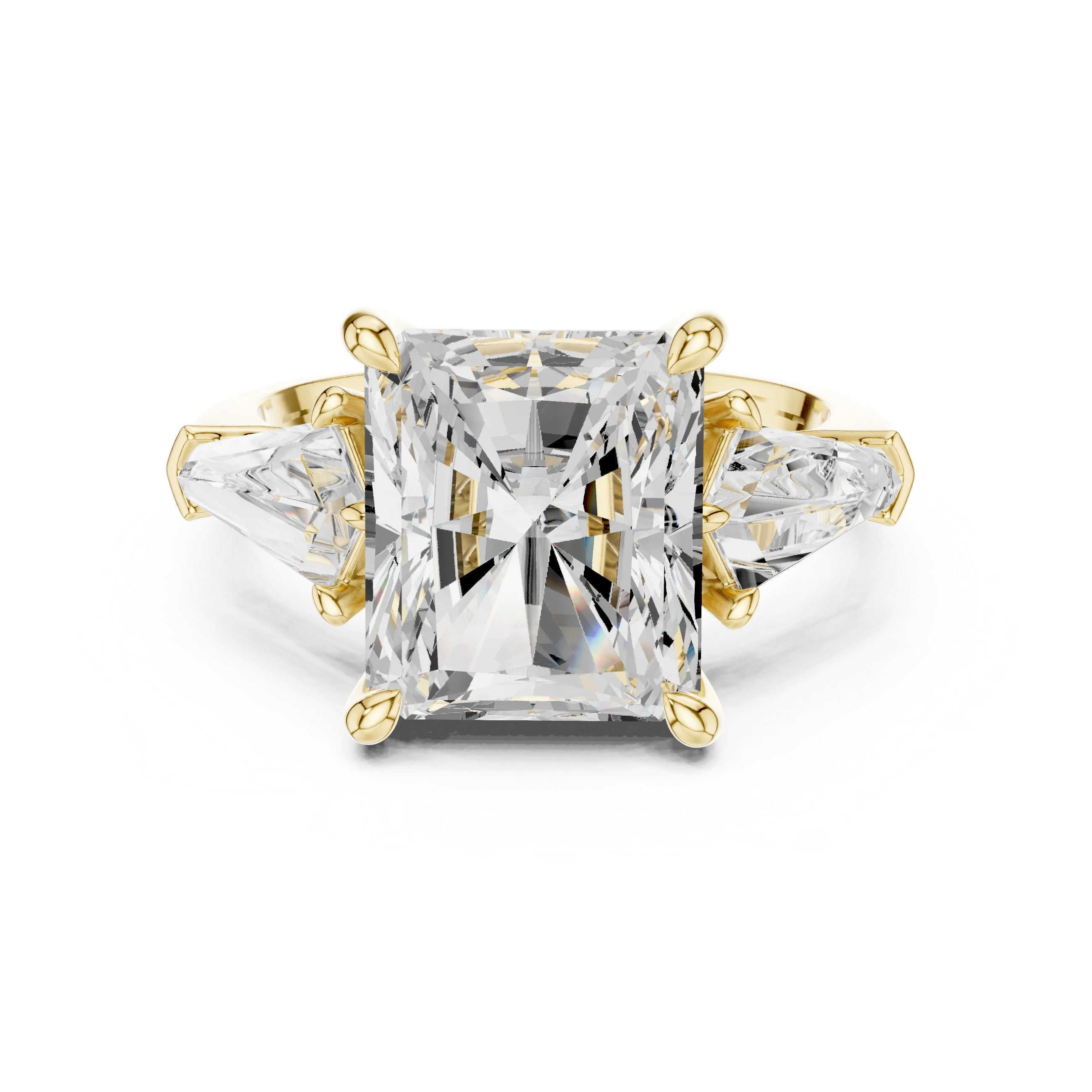 Radiant three stone ring with trillion side stones and lab-grown diamonds in yellow gold with classic luxury appeal