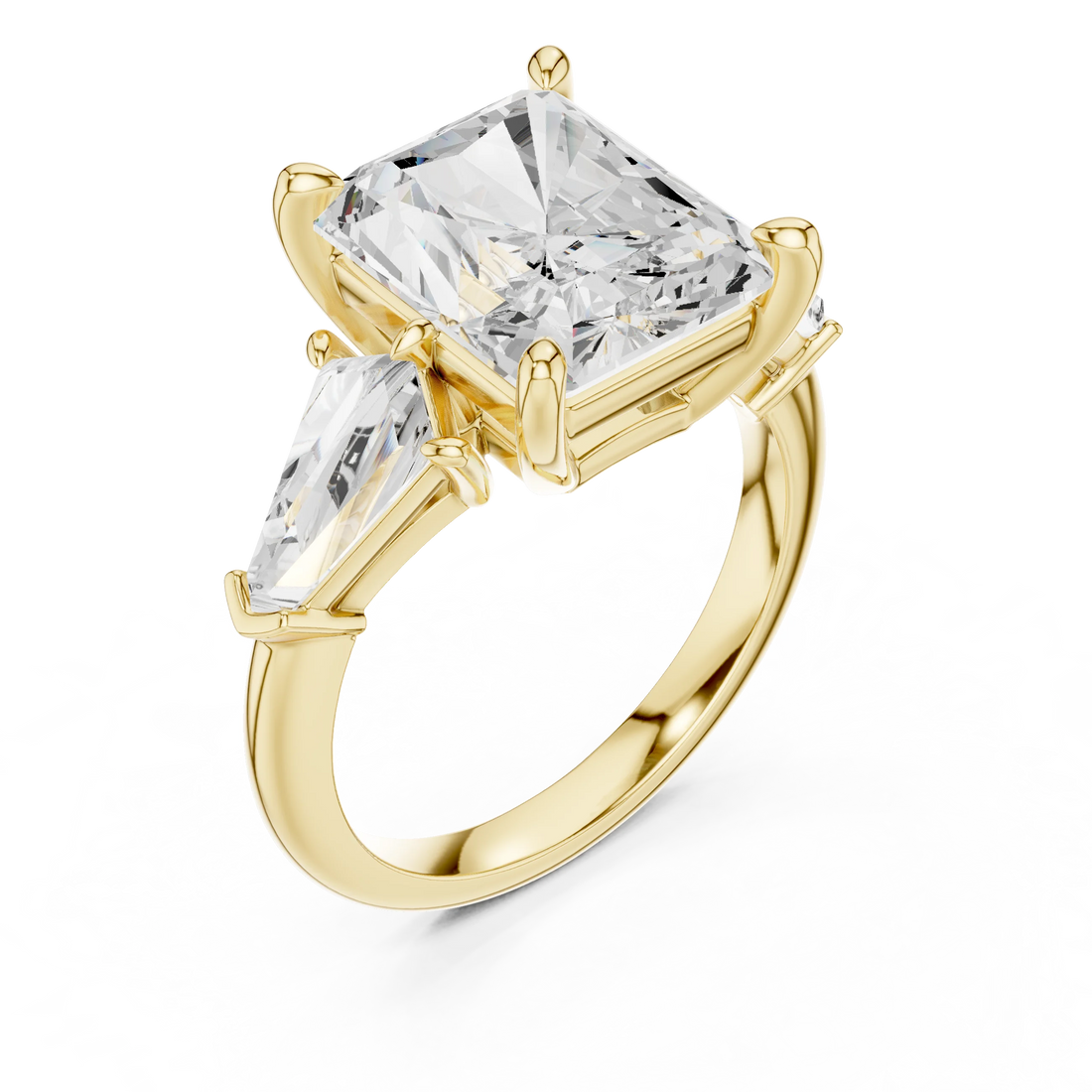 Front view of yellow gold radiant three stone ring with trillion side stones and lab-grown diamonds