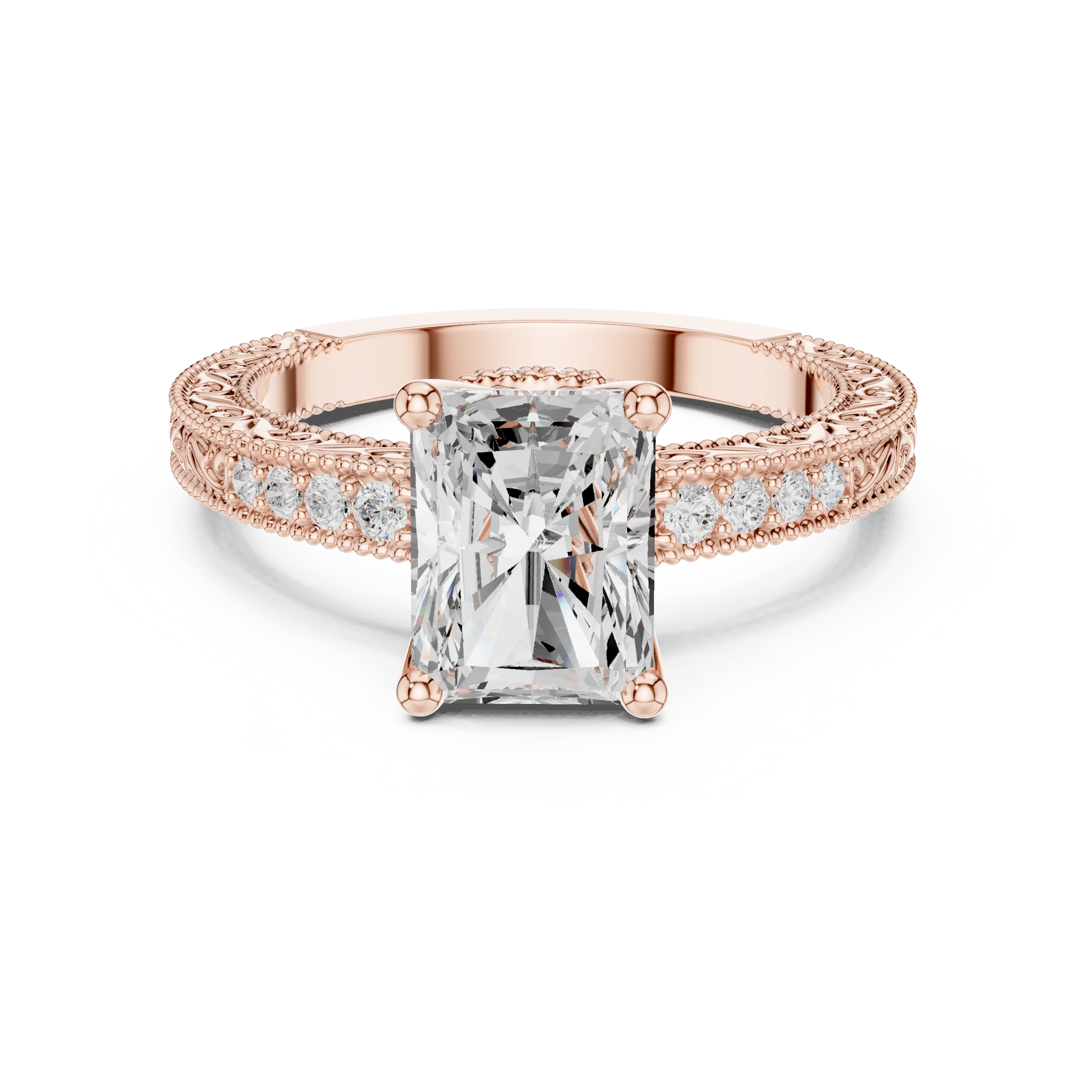Radiant vintage filigree ring in rose gold with milgrain, channel set diamond band and lab-grown diamond – Australia
