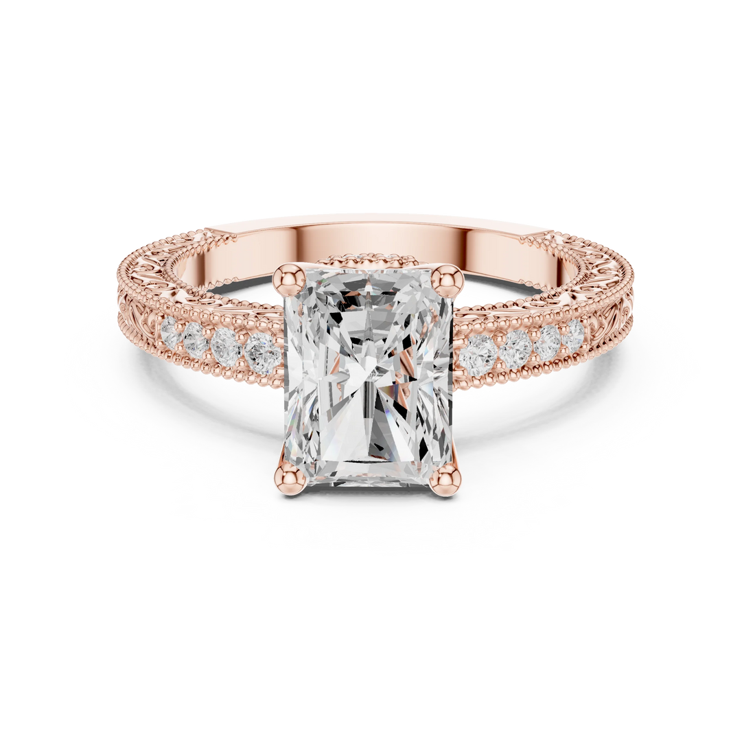 Radiant vintage filigree ring in rose gold with milgrain, channel set diamond band and lab-grown diamond – Australia