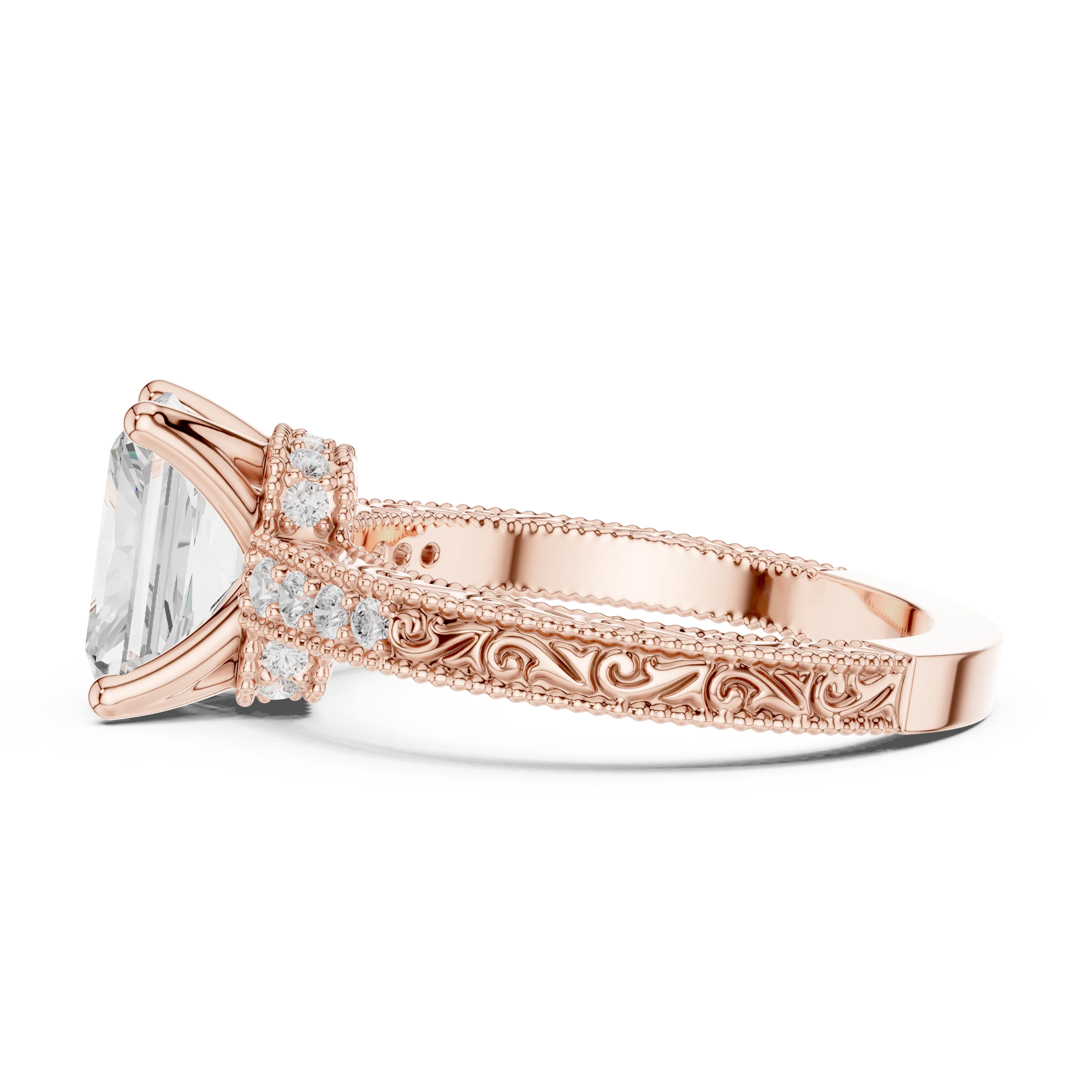 Side view of rose gold radiant vintage filigree ring with milgrain, channel set diamond band and lab-grown diamond – Australia