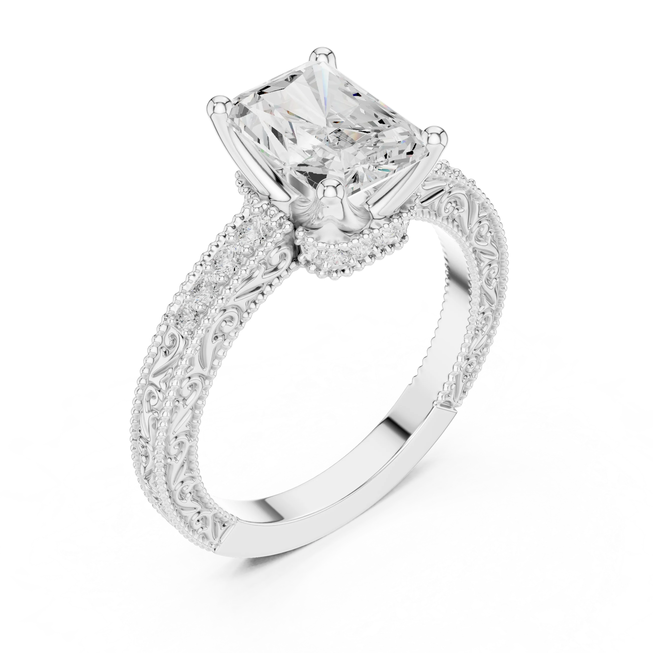 Front view of white gold radiant vintage filigree ring with milgrain, channel set diamond band and lab-grown diamond – Australia