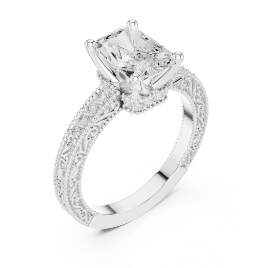 Front view of white gold radiant vintage filigree ring with milgrain, channel set diamond band and lab-grown diamond – Australia