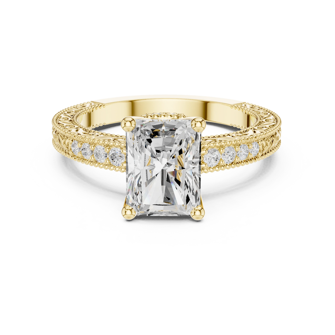 Radiant vintage filigree ring in yellow gold with milgrain, channel set diamond band and lab-grown diamond – Australia