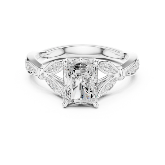 Radiant vintage floral leaf ring in white gold with pave diamond band and lab-grown diamond – Australia