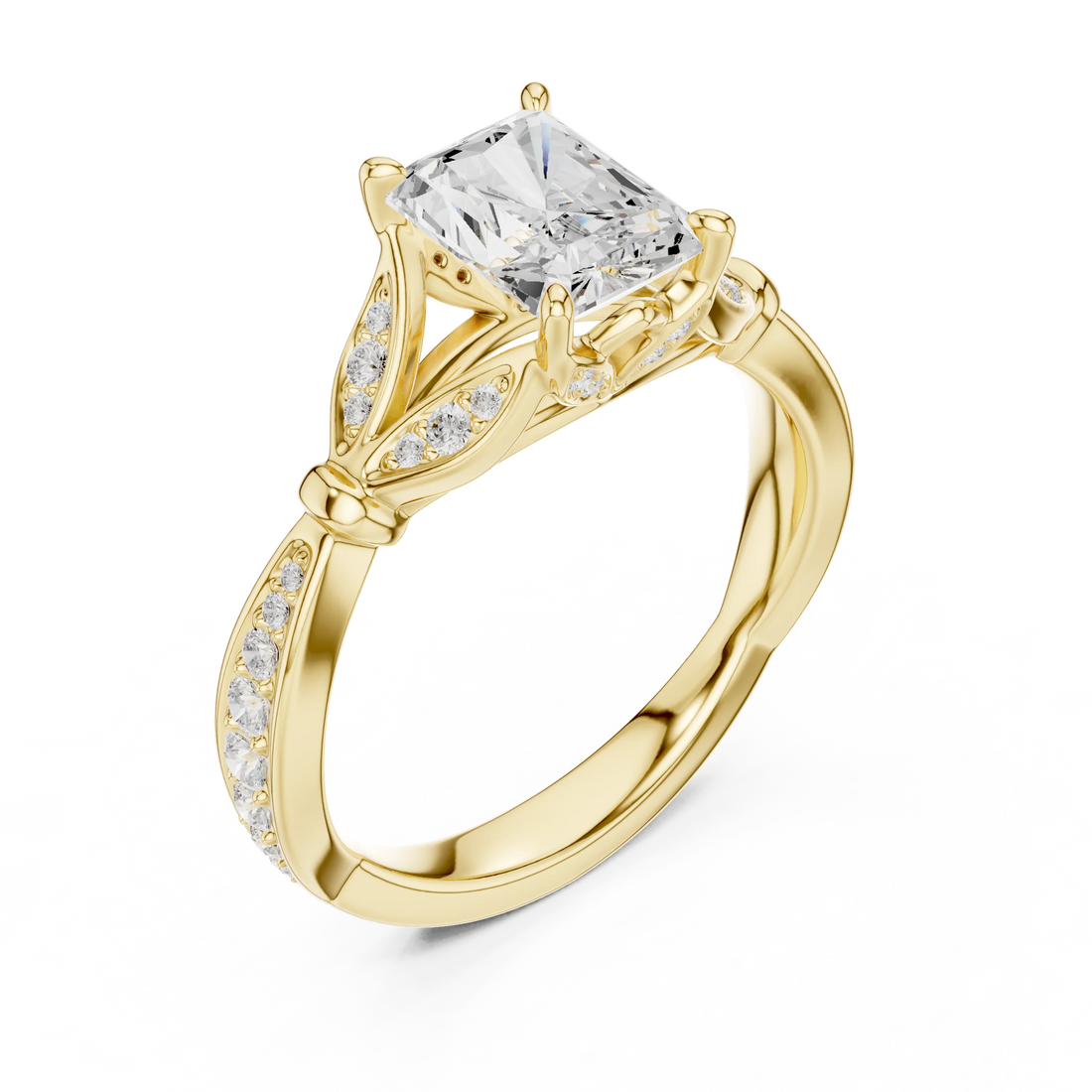 Front view of yellow gold radiant vintage floral leaf ring with pave diamond band and lab-grown diamond – Australia