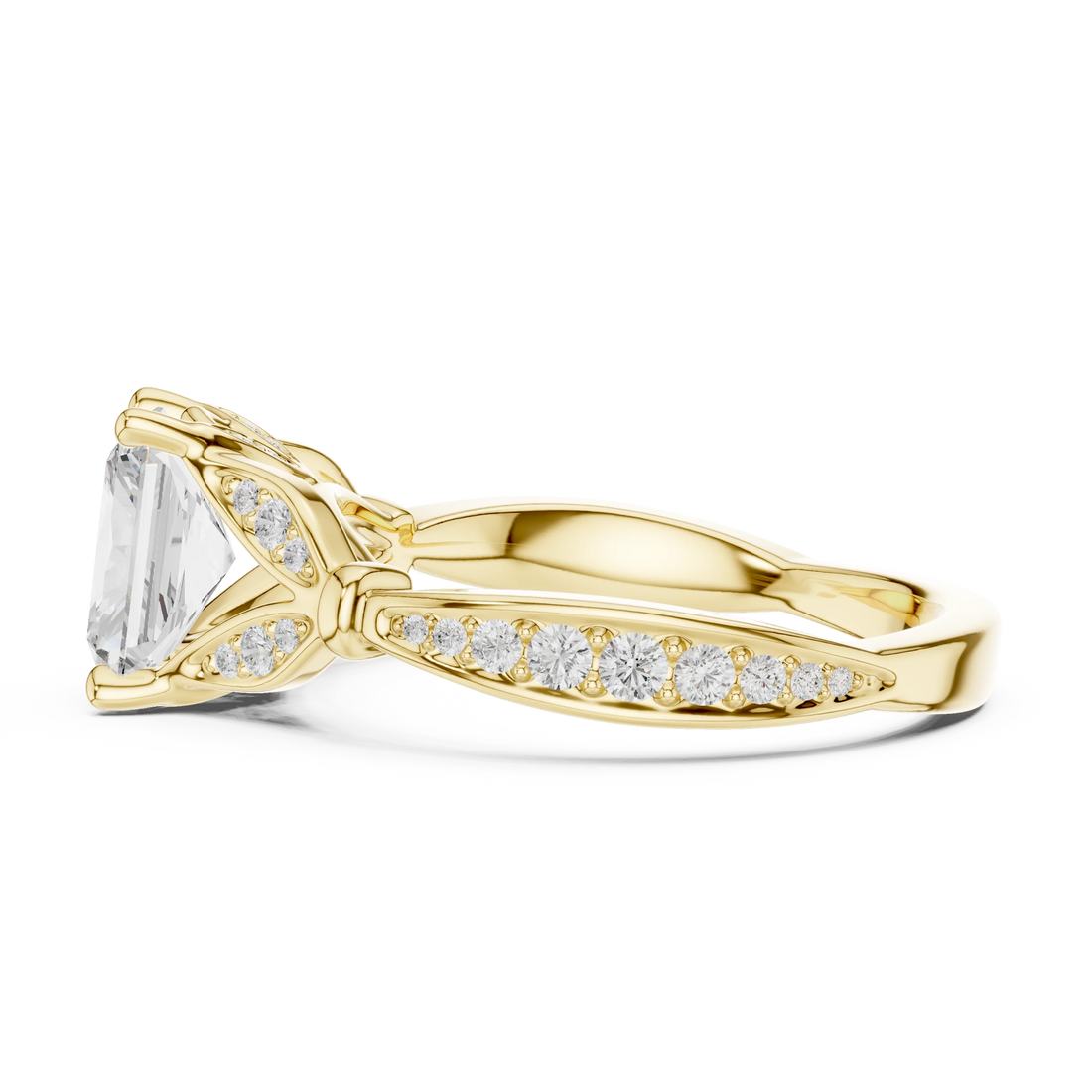 Side view of yellow gold radiant vintage floral leaf ring with pave diamond band and lab-grown diamond – Australia
