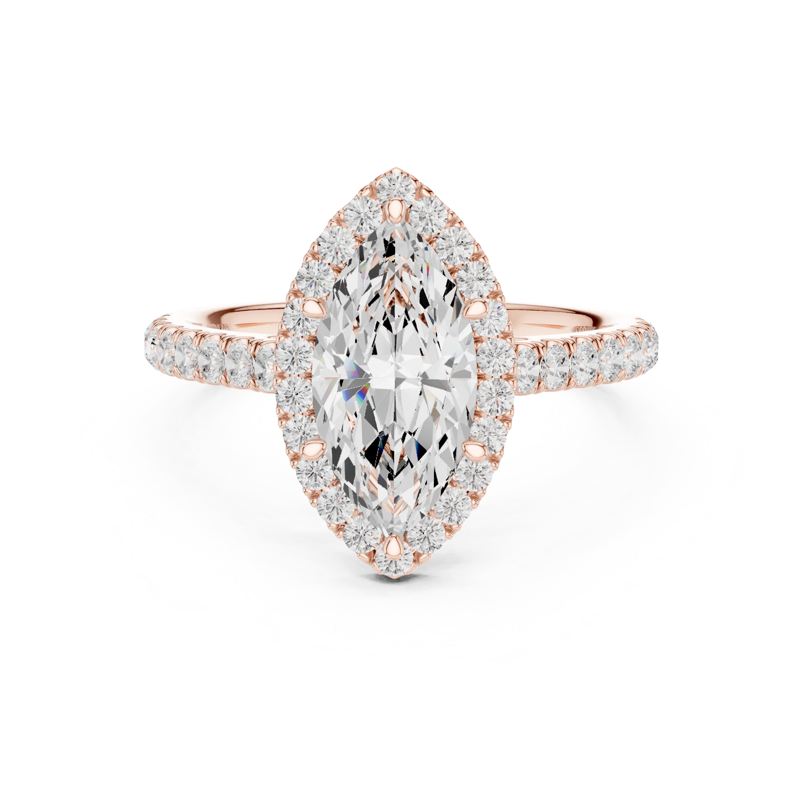 Front view of rose gold regal halo marquise cut diamond ring with lab-grown center stone surrounded by halo diamonds, romantic modern look