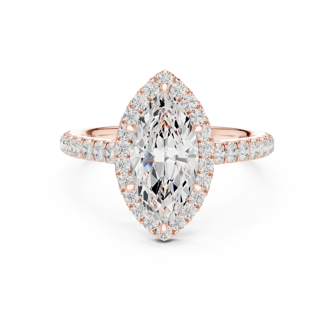 Front view of rose gold regal halo marquise cut diamond ring with lab-grown center stone surrounded by halo diamonds, romantic modern look