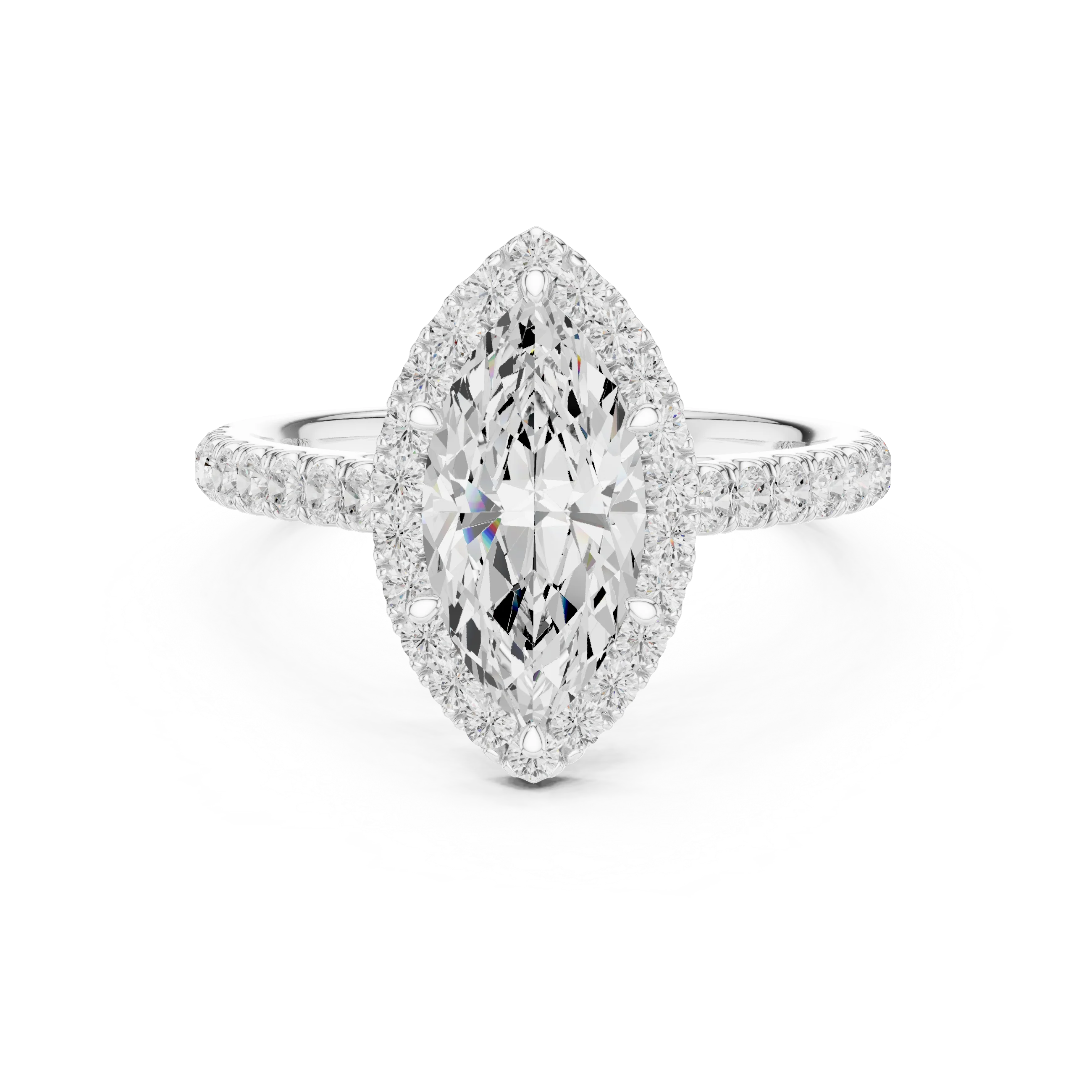 Front view of white gold regal halo marquise cut diamond ring with lab-grown center stone surrounded by halo diamonds, elongated elegant design