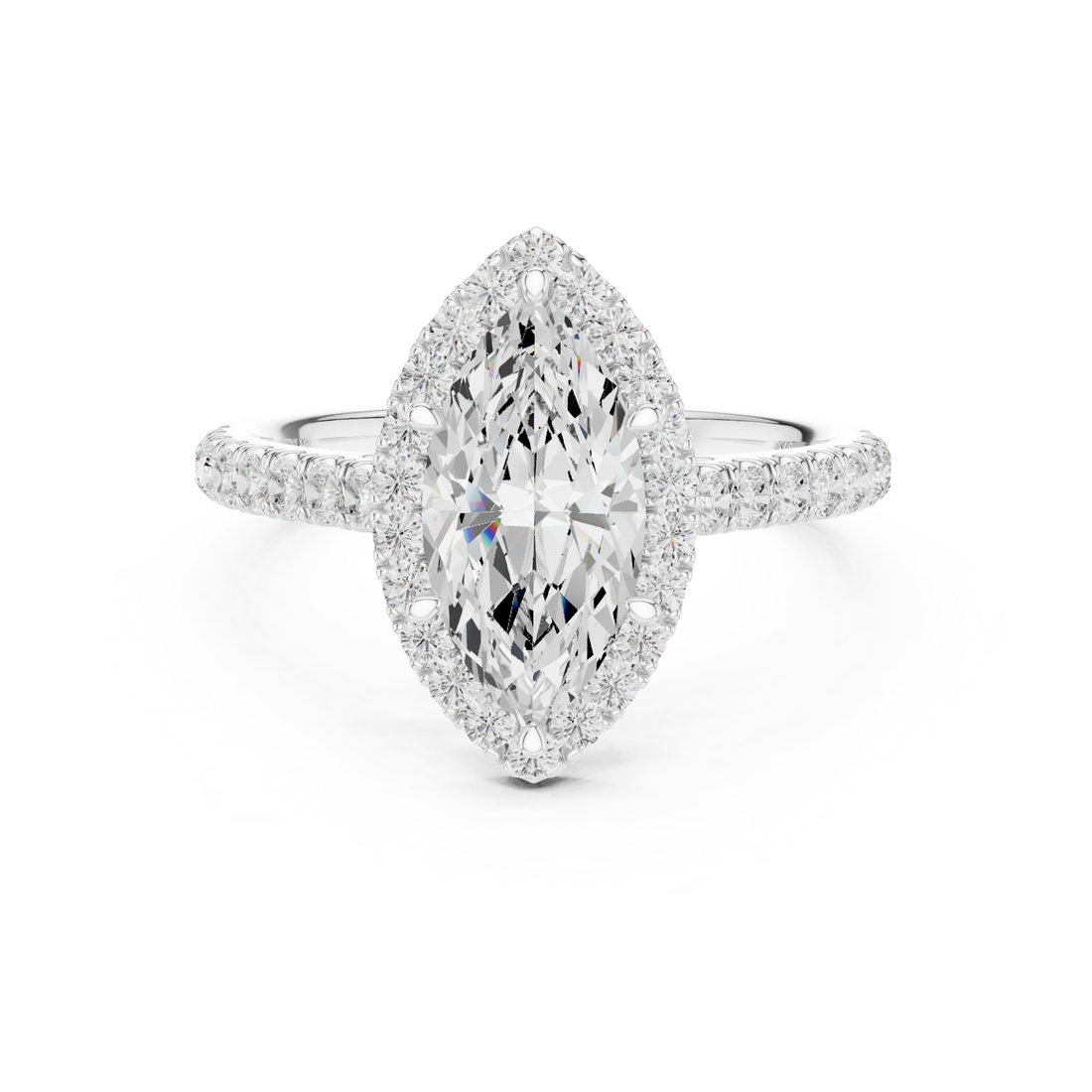 Front view of white gold regal halo marquise cut diamond ring with lab-grown center stone surrounded by halo diamonds, elongated elegant design