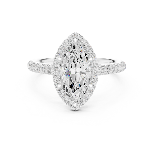 Front view of white gold regal halo marquise cut diamond ring with lab-grown center stone surrounded by halo diamonds, elongated elegant design