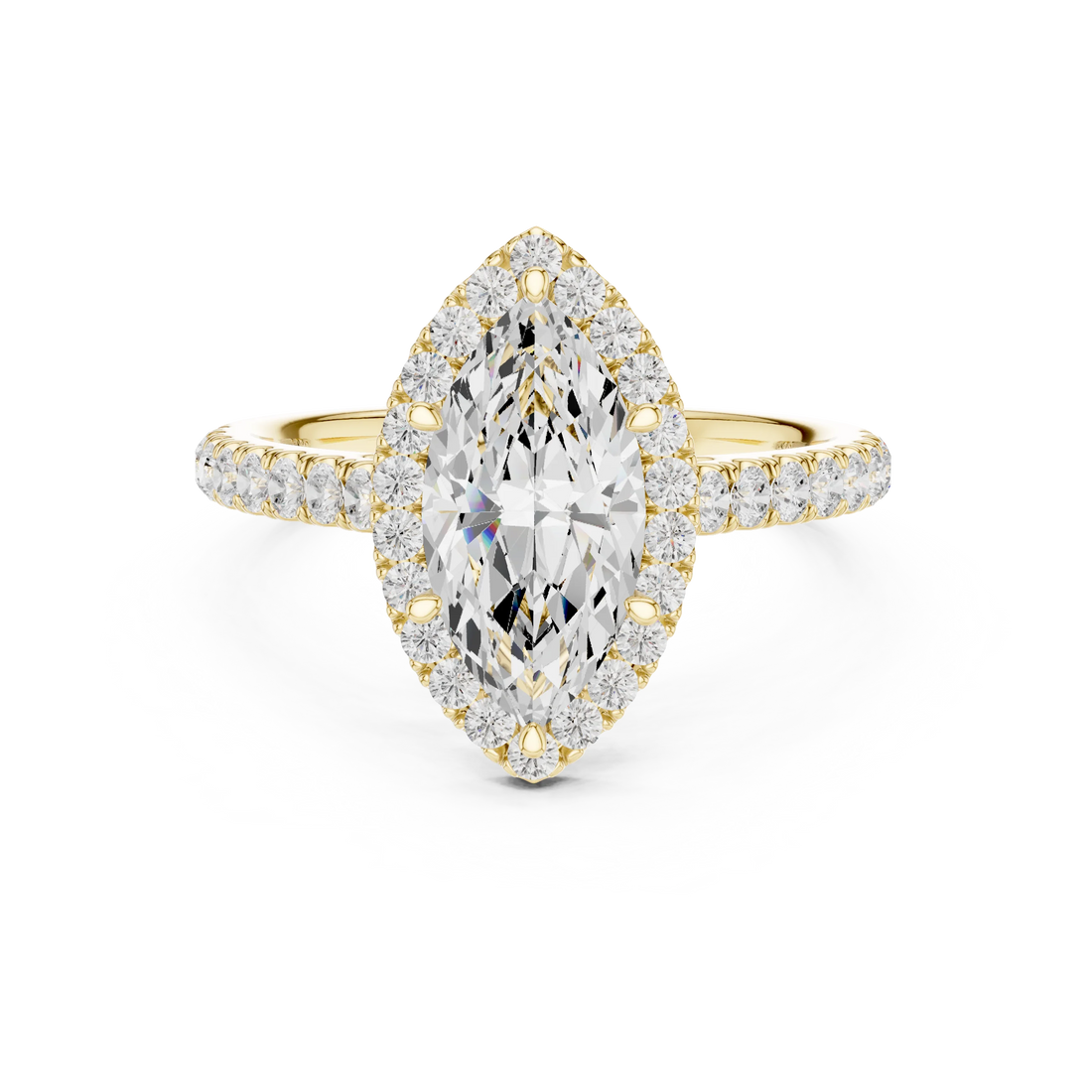 Front view of yellow gold regal halo marquise cut diamond ring with lab-grown center stone encircled by halo diamonds, classic luxurious style
