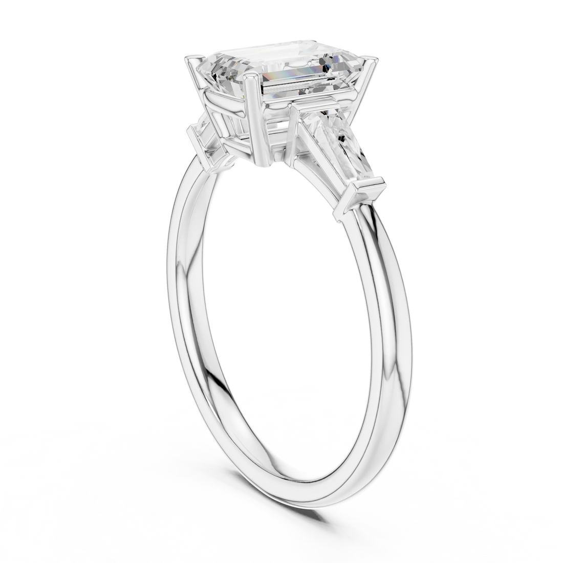 Back view of white gold regal trinity emerald diamond ring with lab-grown diamonds – Australia