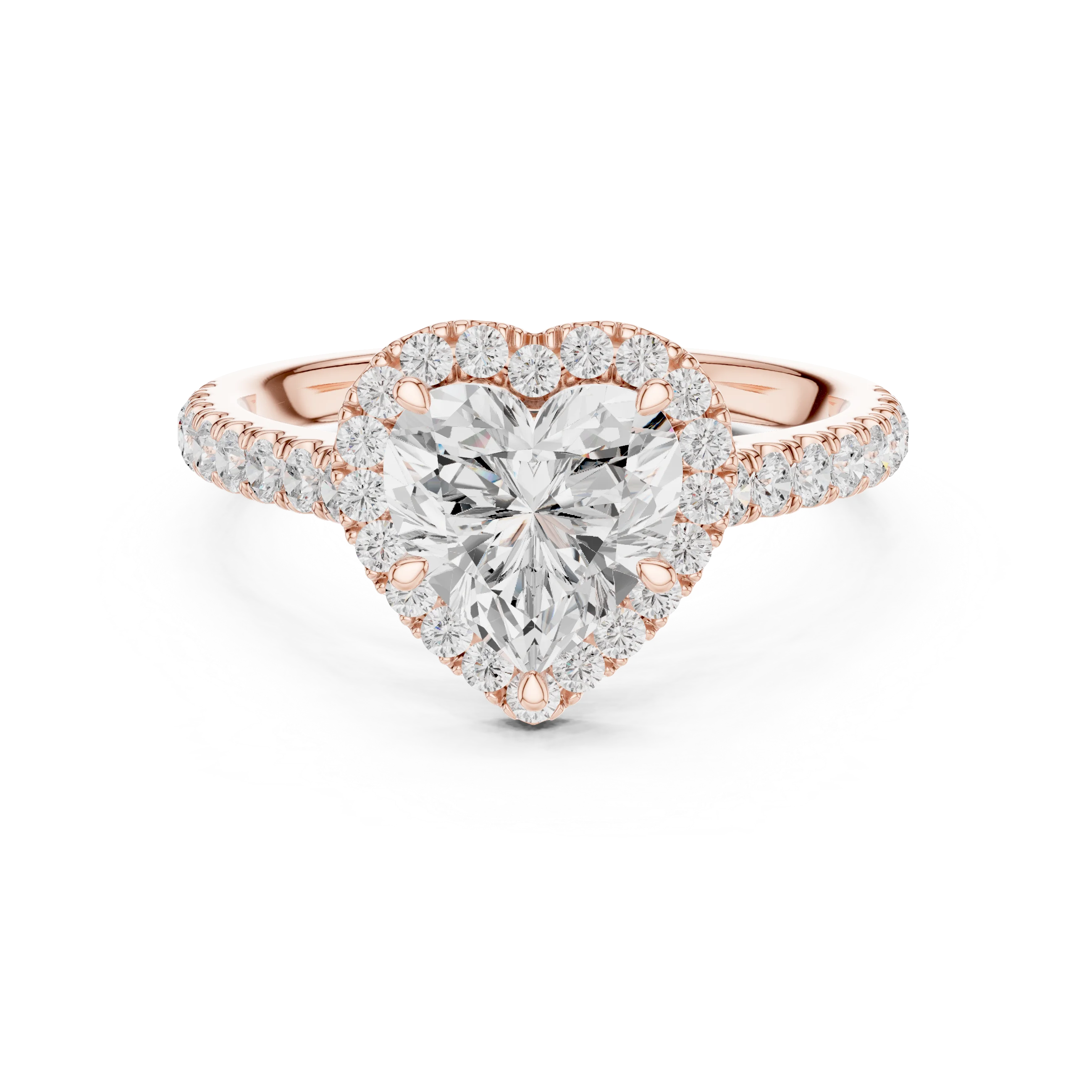 Front view of rose gold romantic halo heart shaped diamond ring with lab-grown center stone surrounded by halo diamonds, soft romantic look