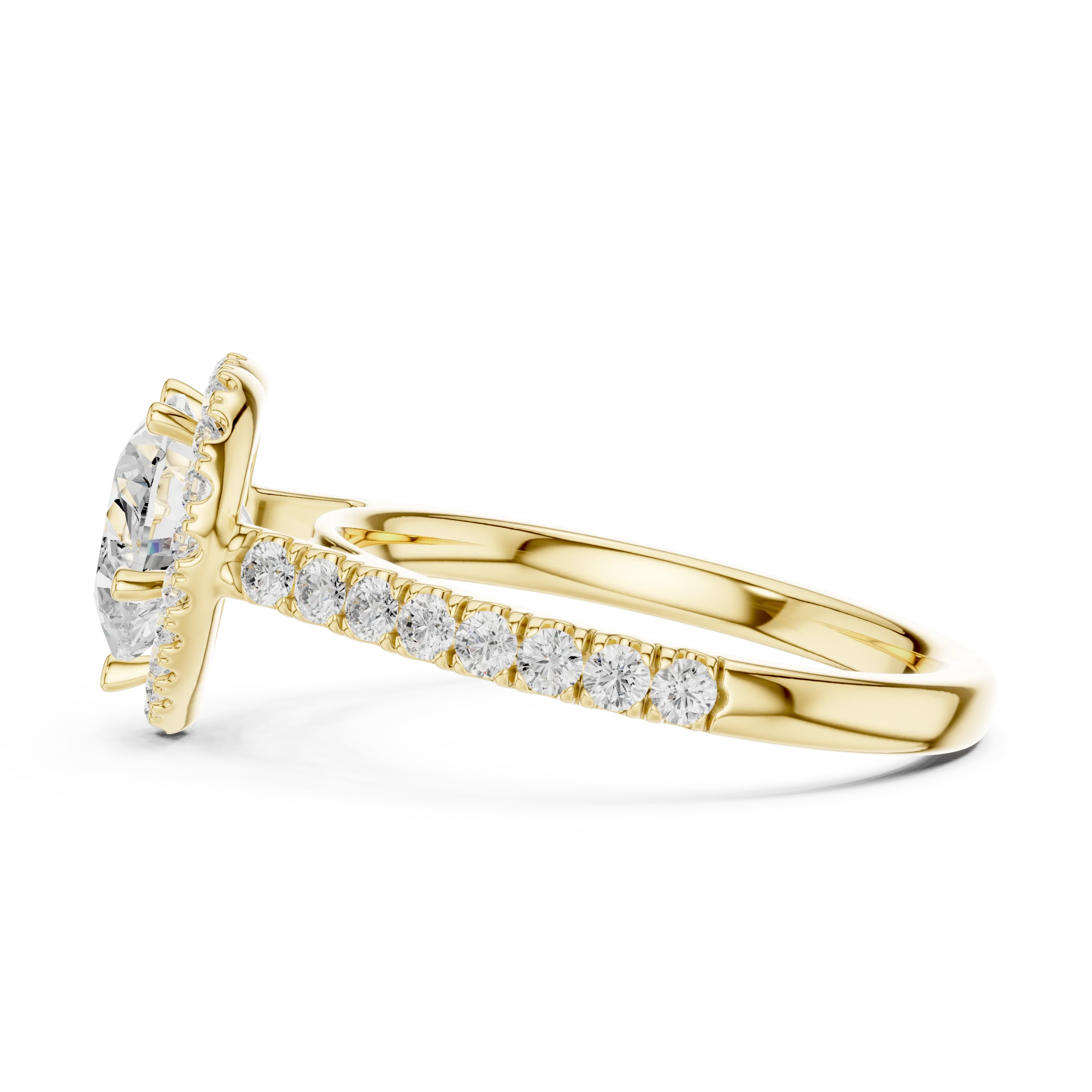 Side view of yellow gold heart shaped diamond ring with halo setting highlighting band structure and center stone elevation